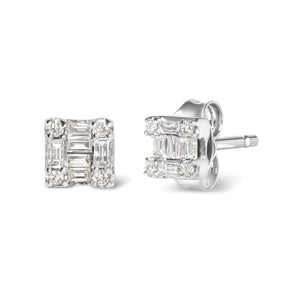 10K White Gold 1/7 Cttw Round and Baguette Diamond Mosaic Square Stud Earrings (H - I Color, I1 - I2 Clarity) - Rieworkes