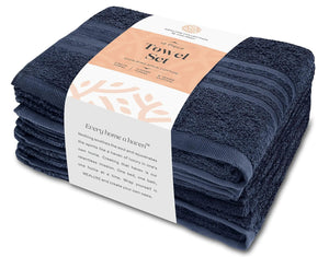 12 Pcs Bath Towel Set for Bathroom Wealuxe Collection 100% Cotton Soft Navy Blue - Rieworkes