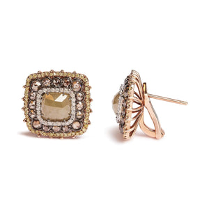 14K Rose Gold 5 7/8 Cttw Fancy Color Rose Cut Diamond Cushion Shape Triple Halo Stud Earring (Fancy Color, I2 - I3 Clarity) - Rieworkes