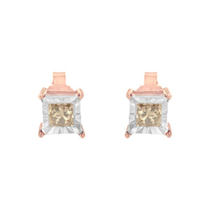 14K Rose Gold Plated Two - Tone .925 Sterling Silver 1/2 Cttw Princess - Cut Square Diamond Solitaire Miracle - Plate Stud Earrings (K - L Color, I2 - I3 Clarity) - Rieworkes