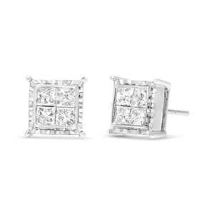 14K White Gold 1 1/2 Cttw Invisible Set Princess - Cut Diamond Contemporary Wavy Quad Stud Earrings (I - J Color, I1 - I2 Clarity) - Rieworkes