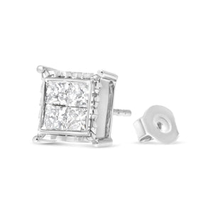 14K White Gold 1 1/2 Cttw Invisible Set Princess - Cut Diamond Contemporary Wavy Quad Stud Earrings (I - J Color, I1 - I2 Clarity) - Rieworkes