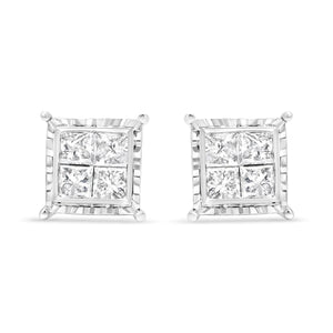 14K White Gold 1 1/2 Cttw Invisible Set Princess - Cut Diamond Contemporary Wavy Quad Stud Earrings (I - J Color, I1 - I2 Clarity) - Rieworkes