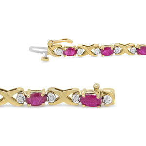 14K Yellow Gold 1/4 Cttw Diamond and Oval Red Ruby Alternating X Link Bracelet (I - J Color, I3 Clarity) - Rieworkes