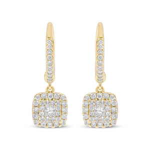 14K Yellow Gold 5/8 Cttw Invisible - Set Princess Diamond Square Halo Dangle Earring (H - I Color, SI1 - SI2 Clarity) - Rieworkes