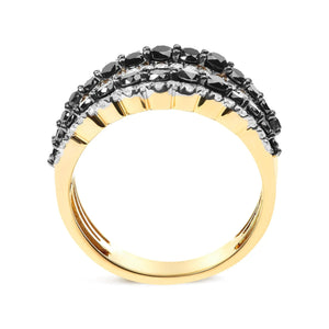 14K Yellow Gold Plated .925 Sterling Silver 1 3/4 Cttw Treated Black and White Alternating Diamond Multi Row Band Ring (Black / I - J Color, I2 - I3 Clarity) - Rieworkes