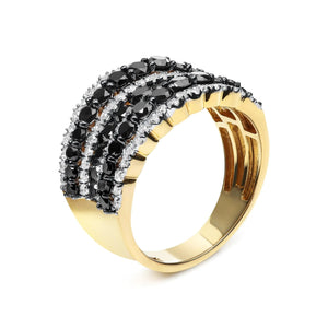 14K Yellow Gold Plated .925 Sterling Silver 1 3/4 Cttw Treated Black and White Alternating Diamond Multi Row Band Ring (Black / I - J Color, I2 - I3 Clarity) - Rieworkes
