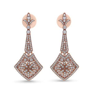 18K Rose Gold 1 1/3 Cttw Diamond Studded Fleur De Lis Trellis Style Drop and Dangle Earring (F - G Color, VS1 - VS2 Clarity) - Rieworkes