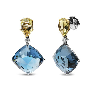 18K White and Yellow Gold 1/5 Cttw Diamond with Pear Cut Lemon Quartz, and Cushion Cut London Blue Topaz Gemstone Dangle Earring (G - H Color, SI1 - SI2 Clarity) - Rieworkes