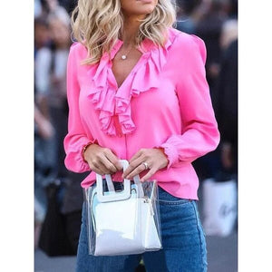 2020 Spring Chiffon Blouses - Long Sleeve V - neck Ruffle Office Casual Tops (Plus Size) - Rieworkes