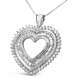 .925 Sterling Silver 1.0 Cttw Baguette and Round Diamond Heart Pendant 18" Necklace (H - I Color, I3 Clarity) - Rieworkes