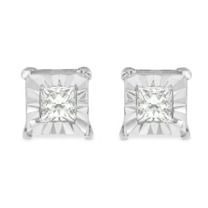 .925 Sterling Silver 1/4 Cttw Princess - Cut Square Near Colorless Diamond Solitaire Miracle - Plate Stud Earrings (H - I Color, I2 - I3 Clarity) - Rieworkes