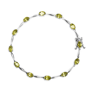 .925 Sterling Silver 5 1/2 Cttw Oval Shaped Created Green Peridot Link Bracelet - 7" Inches - Rieworkes