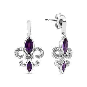 .925 Sterling Silver Marquise Cut Amethyst and Diamond Accent Fleur De Lis Dangle Stud Earrings (H - I Color, SI1 - SI2 Clarity) - Rieworkes
