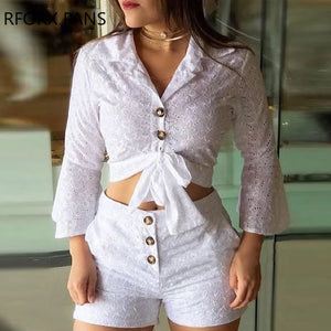 Casual Women’s Broderie Lace Blouse and Shorts Set