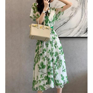 Women Summer Leaf Print Midi Dress