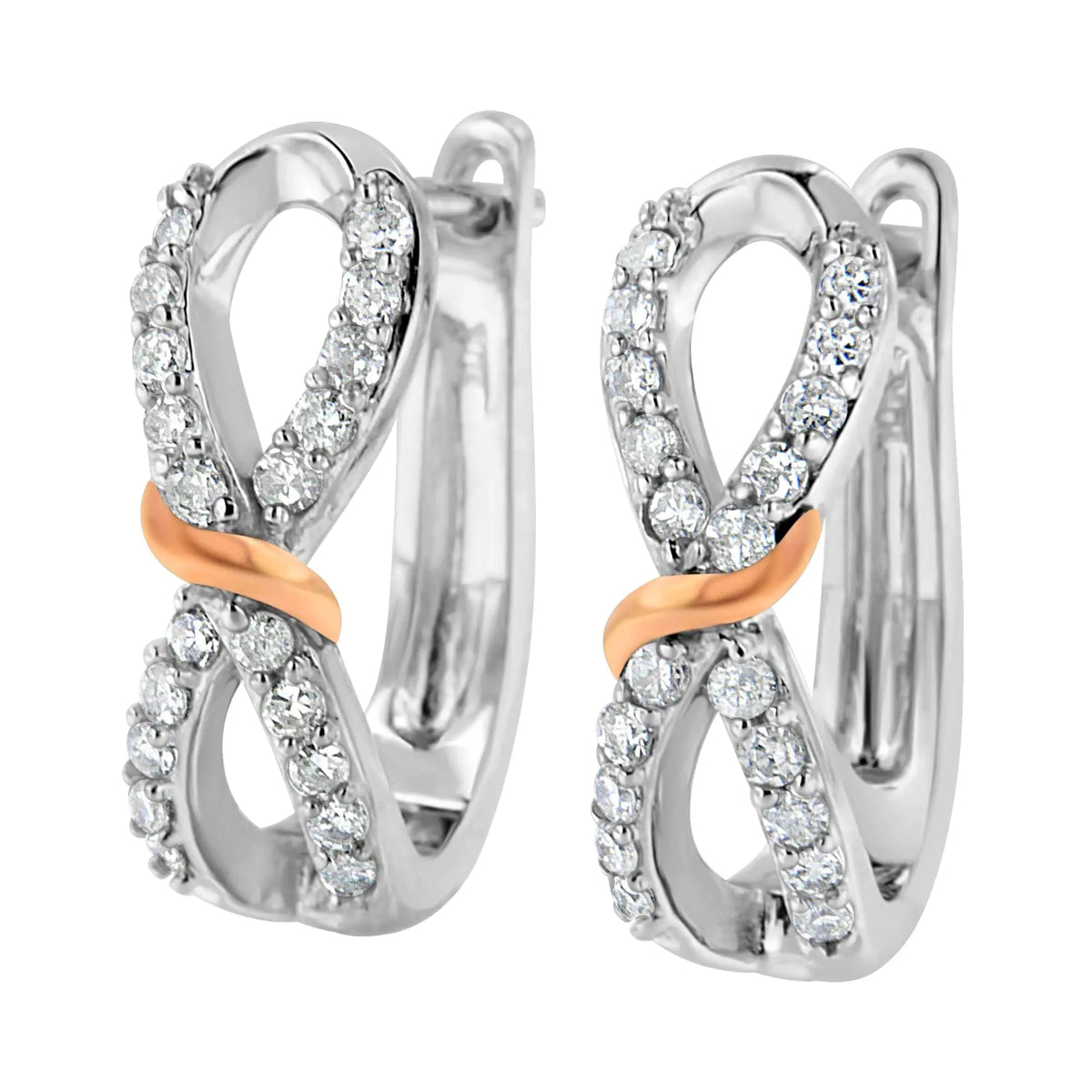 10K White and Rose Gold 1/3 Cttw Diamond Infinite and Ribbon Hoop Earrings (H - I Color, I1 - I2 Clarity) - Rieworkes