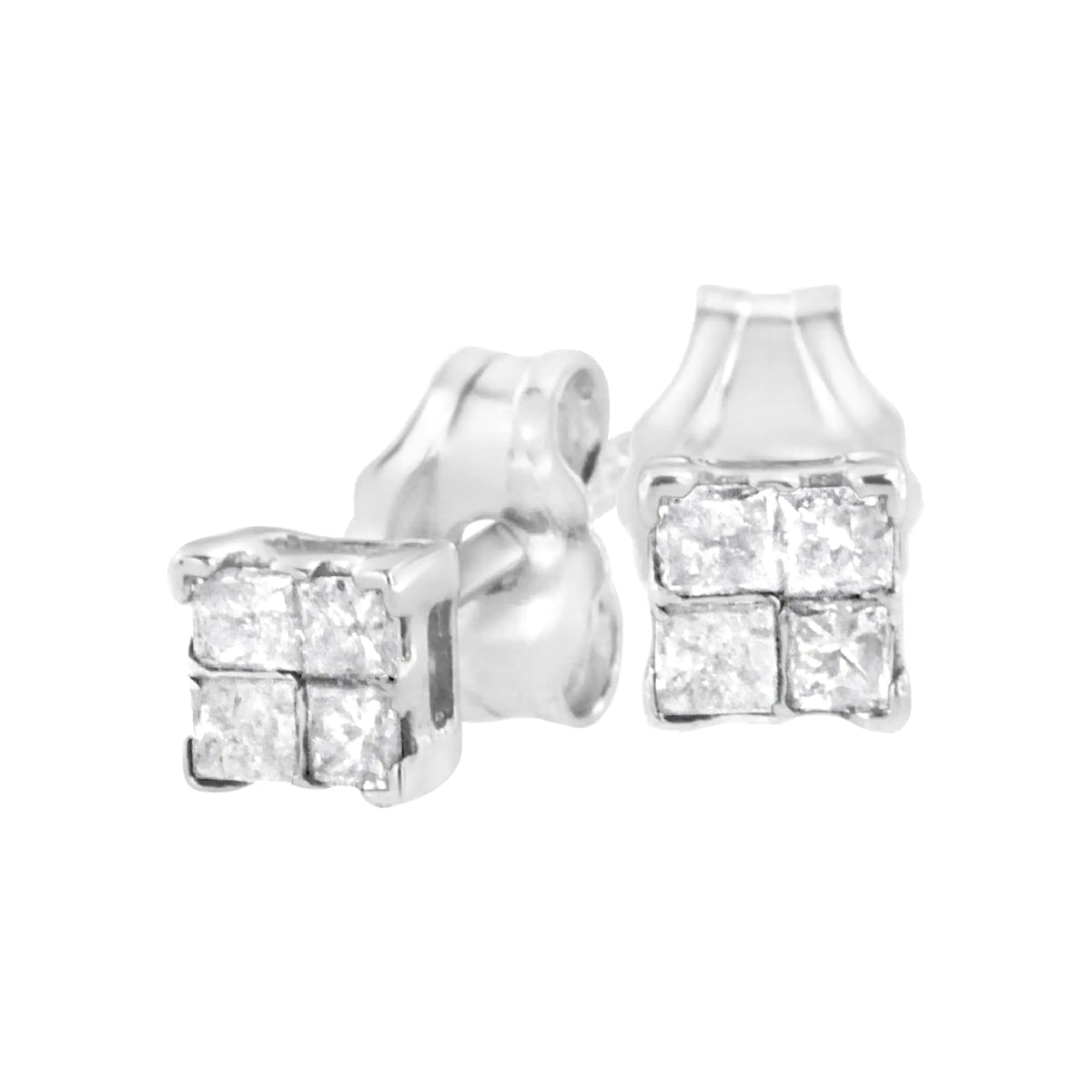 10K White Gold 1/2 Cttw Invisible Princess - cut Diamond 9 Stone Composite Stud Earrings (I - J Color, I3 Clarity) - Rieworkes