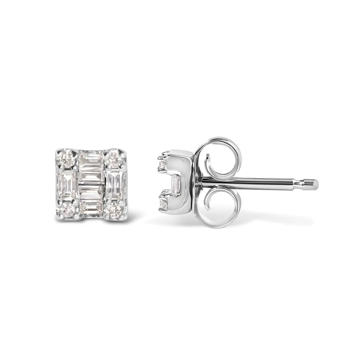 10K White Gold 1/7 Cttw Round and Baguette Diamond Mosaic Square Stud Earrings (H - I Color, I1 - I2 Clarity) - Rieworkes