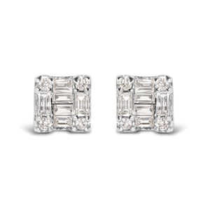 10K White Gold 1/7 Cttw Round and Baguette Diamond Mosaic Square Stud Earrings (H - I Color, I1 - I2 Clarity) - Rieworkes