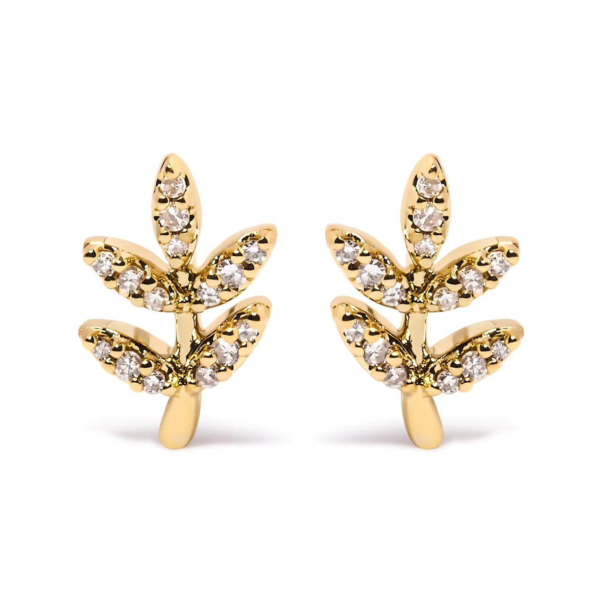10K Yellow Gold 1/10 Cttw Diamond Accented Leaf and Branch Stud Earrings (H - I Color, I1 - I2 Clarity) - Rieworkes