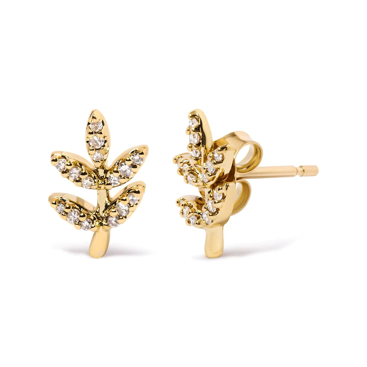 10K Yellow Gold 1/10 Cttw Diamond Accented Leaf and Branch Stud Earrings (H - I Color, I1 - I2 Clarity) - Rieworkes