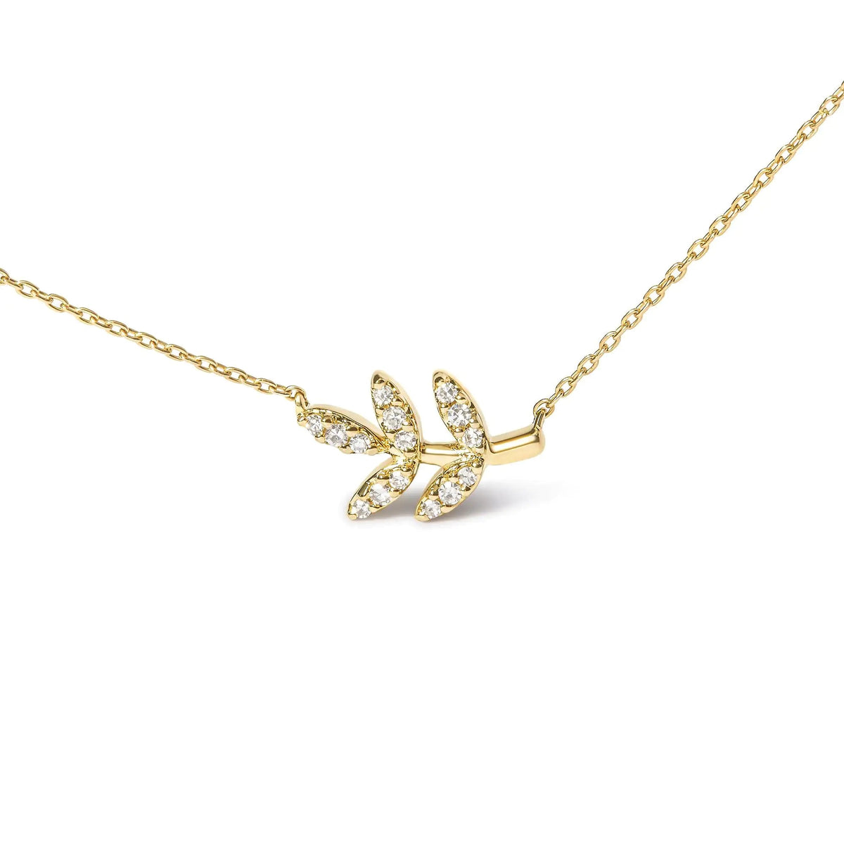 10K Yellow Gold 1/10 Cttw Diamond Leaf and Branch 18&quot; Pendant Necklace (H - I Color, I1 - I2 Clarity) - Rieworkes