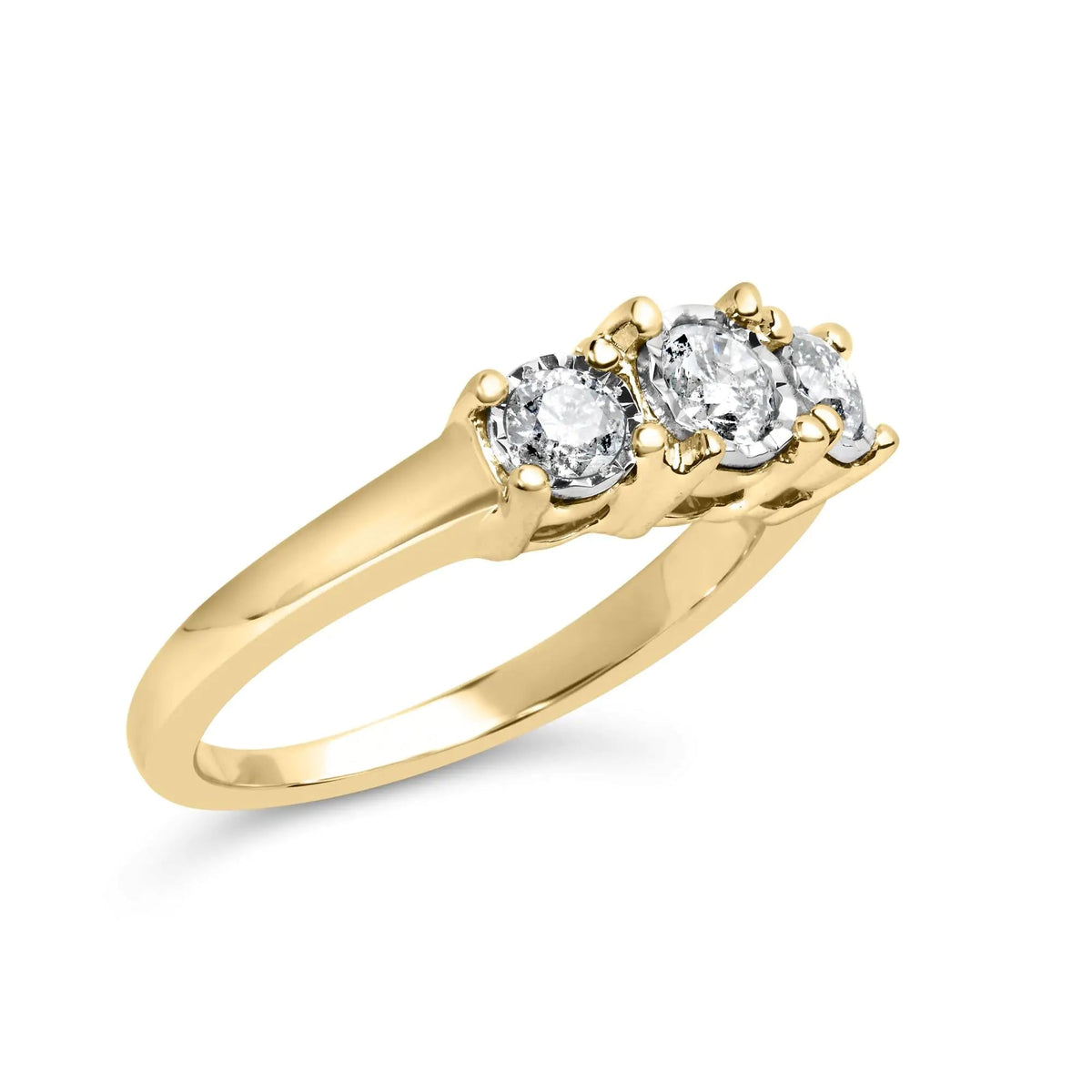 10K Yellow Gold 1/2 Cttw Miracle Set Round Diamond Three Stone Illusion Plate Ring (I - J Color, I2 - I3 Clarity) - Rieworkes