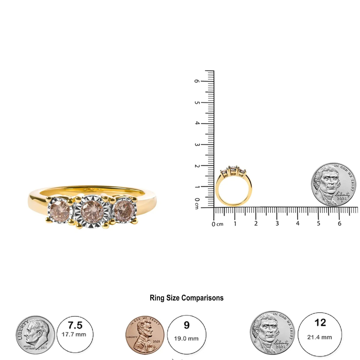 10K Yellow Gold 1/2 Cttw Miracle Set Round Diamond Three Stone Illusion Plate Ring (I - J Color, I2 - I3 Clarity) - Rieworkes