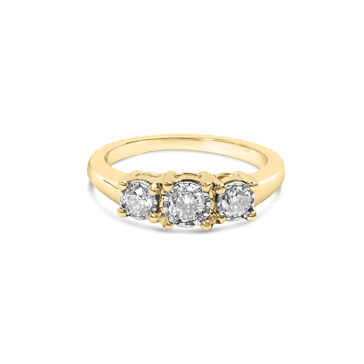 10K Yellow Gold 1/2 Cttw Miracle Set Round Diamond Three Stone Illusion Plate Ring (I - J Color, I2 - I3 Clarity) - Rieworkes