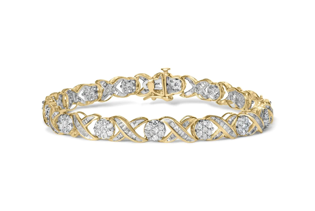 10K Yellow Gold 3.00 Cttw Round - Cut and Baguette - Cut Diamond 'XOXO' Floral Design 7.50" Bracelet (J - K Color, I1 - I2 Clarity) - Rieworkes