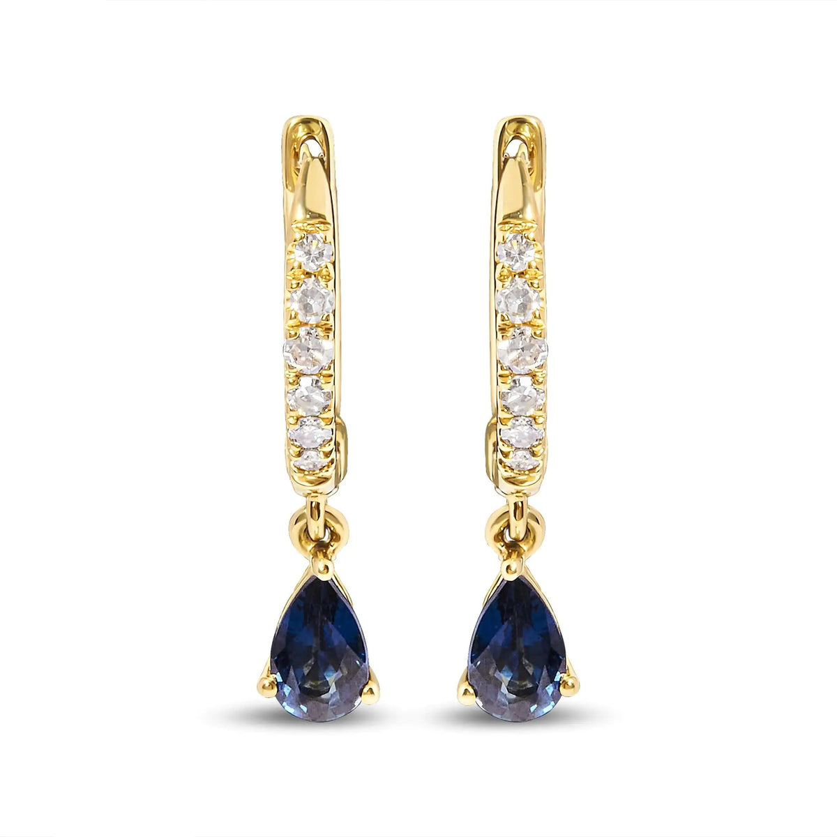 10K Yellow Gold Pear Blue Sapphire and 1/10 Cttw Diamond Drop and Dangle Huggy Hoop Earrings (H - I Color, I1 - I2 Clarity) - Rieworkes