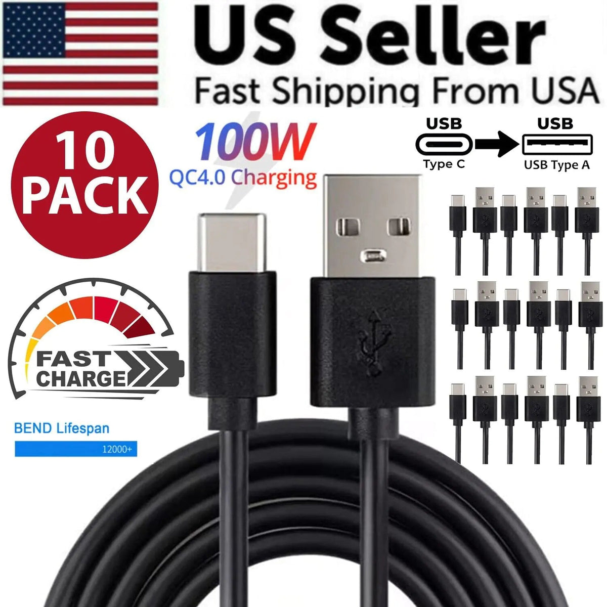 10x Type C to USB - A Fast Charge Cable Cord Charging Quick Charger Bulk Wholesale - Rieworkes