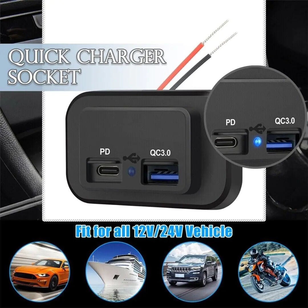 12 - 24V 4.8A Dual USB PD QC3.0 Car Boat RV Fast Charger Socket LED Power Outlet - Rieworkes