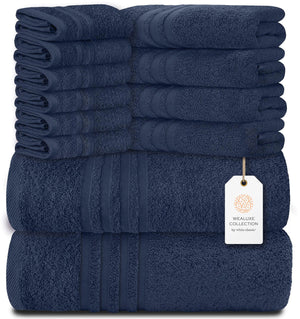 12 Pcs Bath Towel Set for Bathroom Wealuxe Collection 100% Cotton Soft Navy Blue - Rieworkes