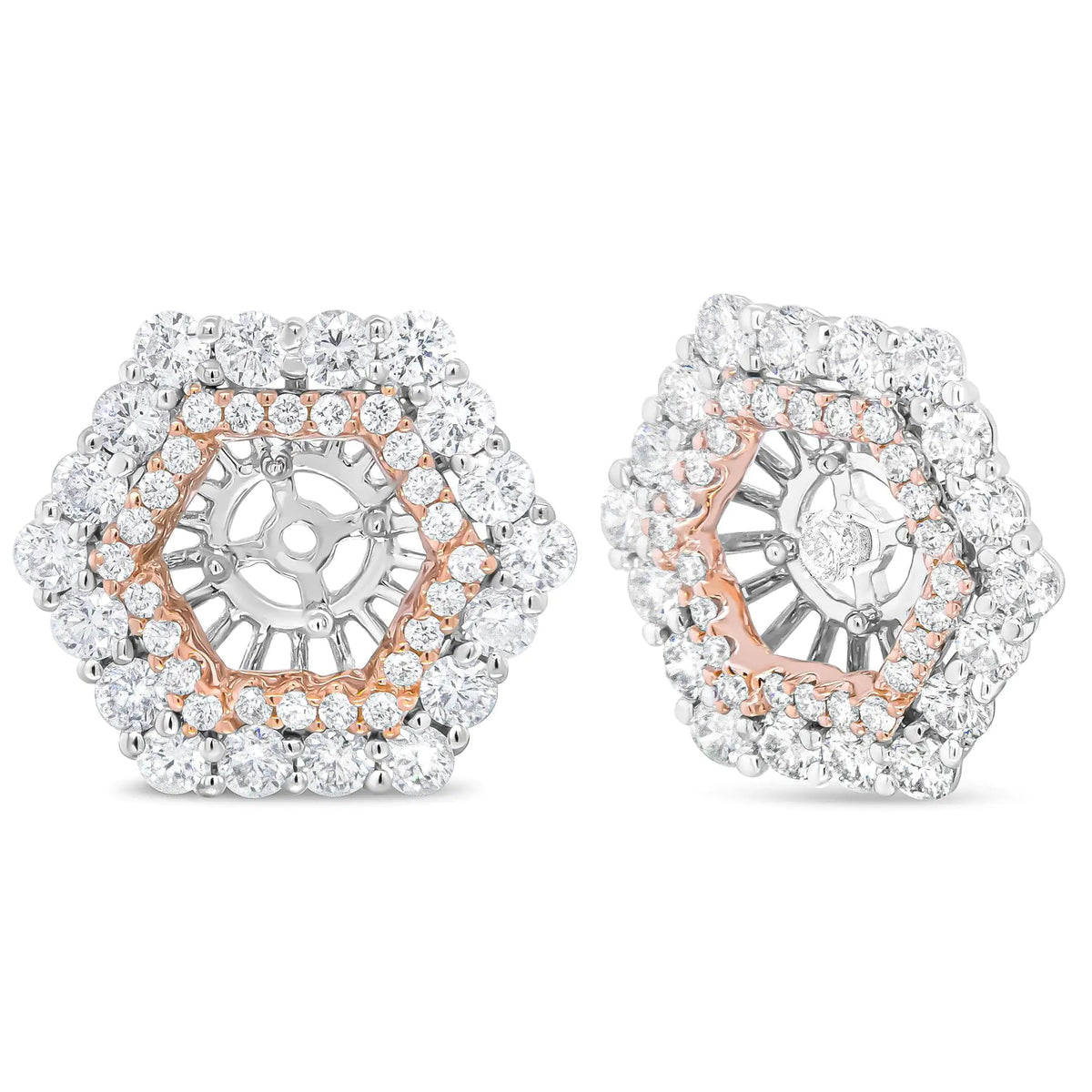 14K Rose and White Gold 1 7/8 Cttw Round Diamond Double Halo Earring Jacket for 6mm Round Studs (G - H Color, VS2 - SI1 Clarity) - Rieworkes