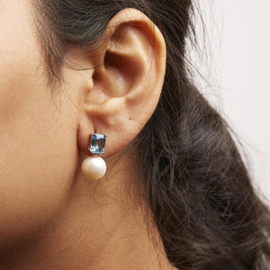 14K Rose Gold 10MM Cultured Freshwater Pearl and 8x6mm Octagon Swiss Blue Topaz Drop Earrings - Rieworkes