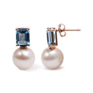14K Rose Gold 10MM Cultured Freshwater Pearl and 8x6mm Octagon Swiss Blue Topaz Drop Earrings - Rieworkes