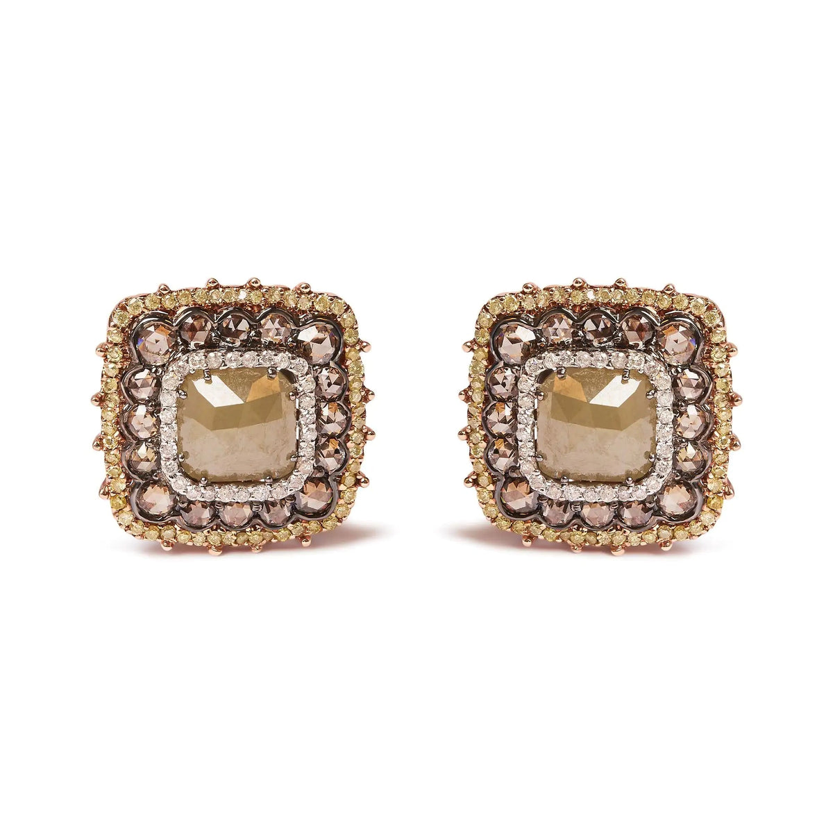 14K Rose Gold 5 7/8 Cttw Fancy Color Rose Cut Diamond Cushion Shape Triple Halo Stud Earring (Fancy Color, I2 - I3 Clarity) - Rieworkes