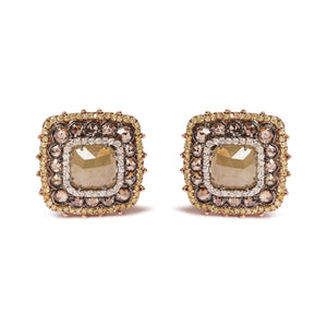 14K Rose Gold 5 7/8 Cttw Fancy Color Rose Cut Diamond Cushion Shape Triple Halo Stud Earring (Fancy Color, I2 - I3 Clarity) - Rieworkes