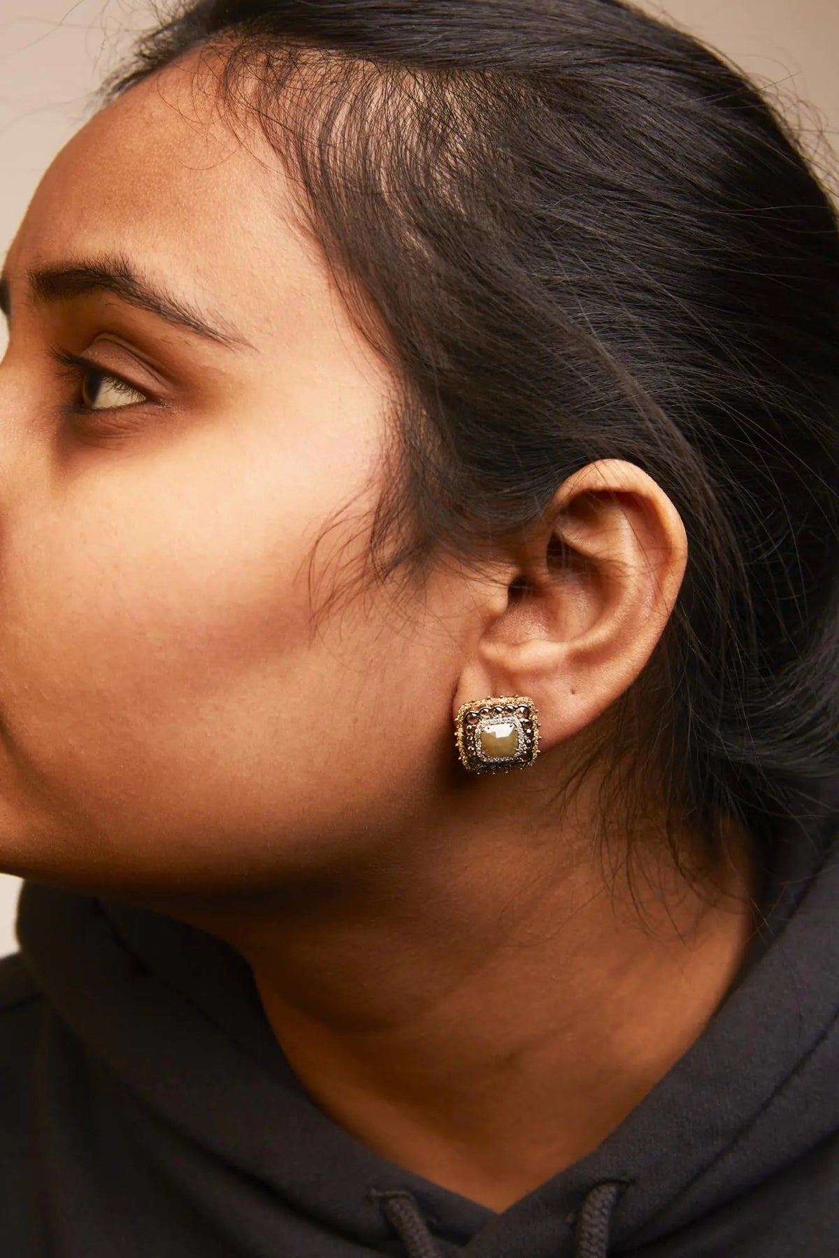 14K Rose Gold 5 7/8 Cttw Fancy Color Rose Cut Diamond Cushion Shape Triple Halo Stud Earring (Fancy Color, I2 - I3 Clarity) - Rieworkes