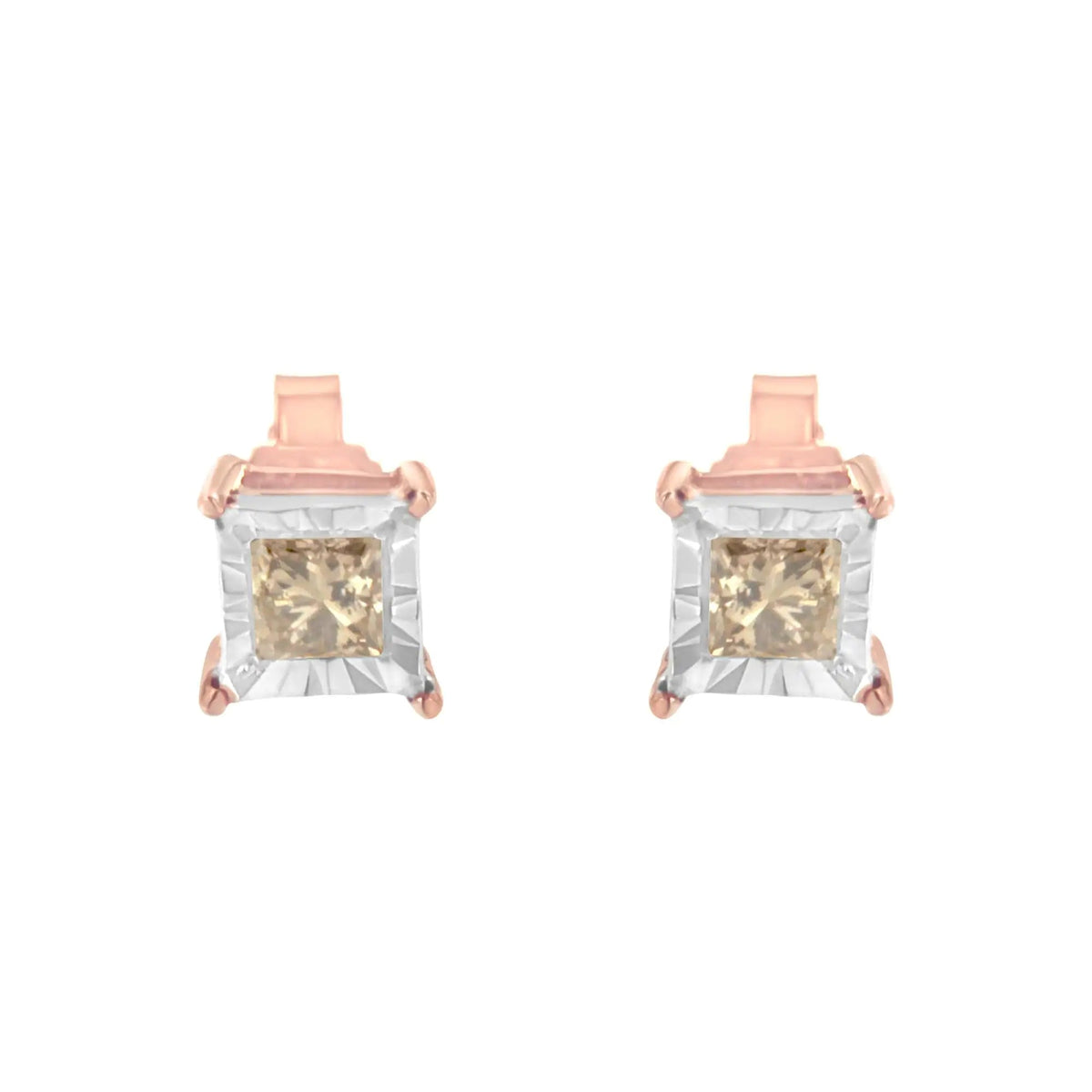 14K Rose Gold Plated Two - Tone .925 Sterling Silver 1/2 Cttw Princess - Cut Square Diamond Solitaire Miracle - Plate Stud Earrings (K - L Color, I2 - I3 Clarity) - Rieworkes