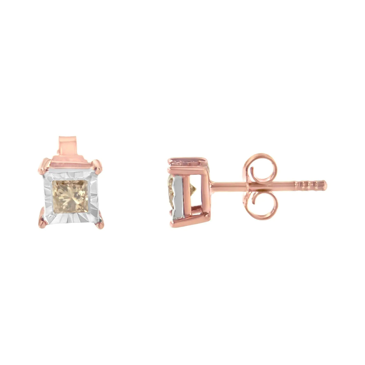 14K Rose Gold Plated Two - Tone .925 Sterling Silver 1/2 Cttw Princess - Cut Square Diamond Solitaire Miracle - Plate Stud Earrings (K - L Color, I2 - I3 Clarity) - Rieworkes