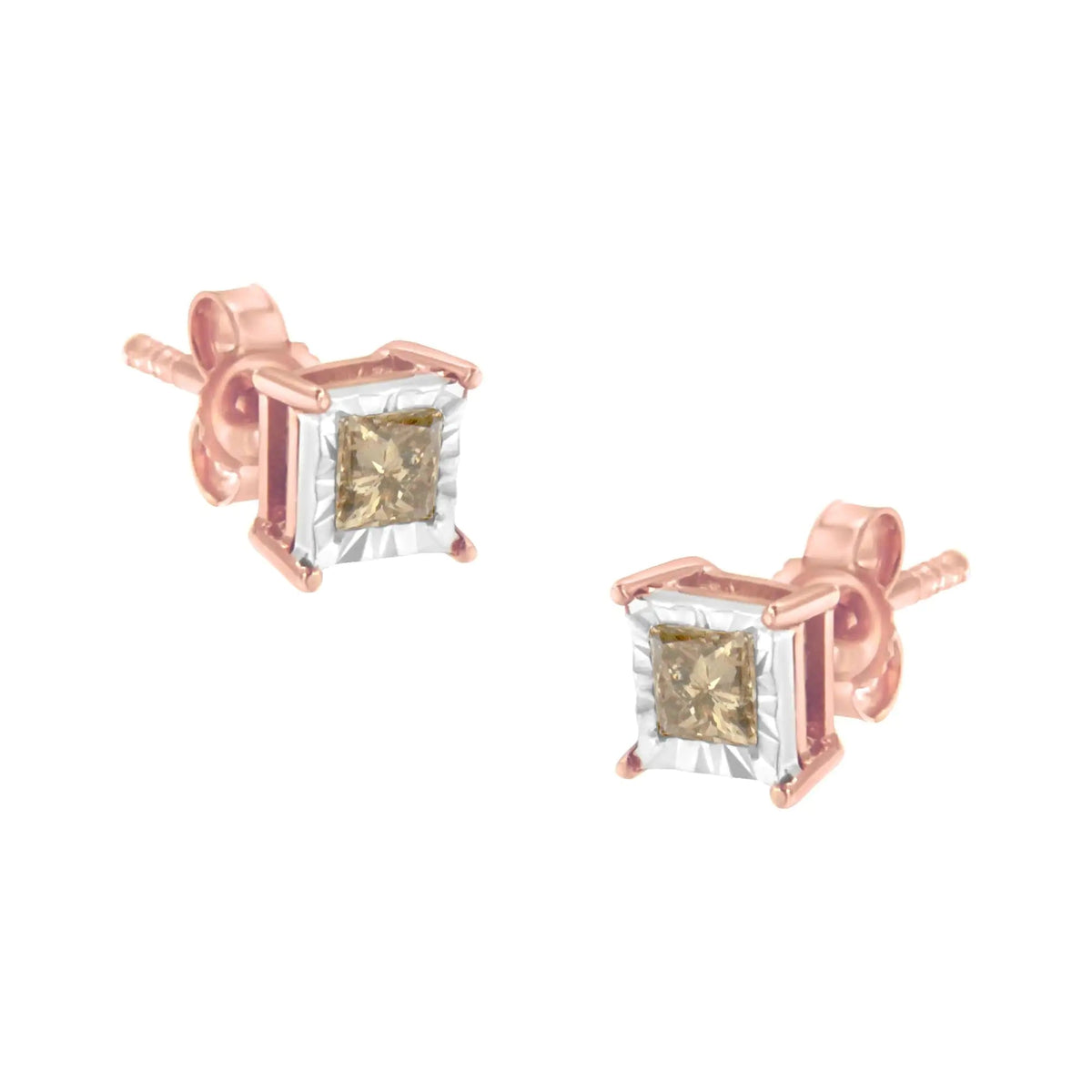 14K Rose Gold Plated Two - Tone .925 Sterling Silver 1/2 Cttw Princess - Cut Square Diamond Solitaire Miracle - Plate Stud Earrings (K - L Color, I2 - I3 Clarity) - Rieworkes