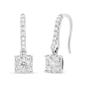 14K White 1/2 Cttw Round Diamond Halo Dangle Hook Earring - (H - I Color, SI2 - I1 Clarity) - Rieworkes