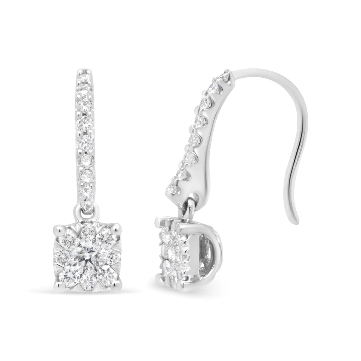 14K White 1/2 Cttw Round Diamond Halo Dangle Hook Earring - (H - I Color, SI2 - I1 Clarity) - Rieworkes