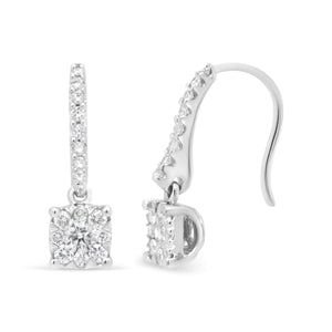 14K White 1/2 Cttw Round Diamond Halo Dangle Hook Earring - (H - I Color, SI2 - I1 Clarity) - Rieworkes