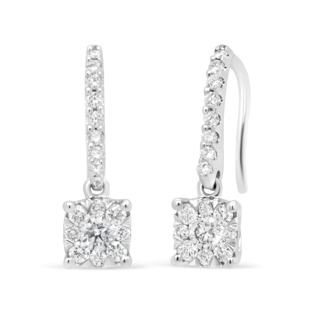 14K White 1/2 Cttw Round Diamond Halo Dangle Hook Earring - (H - I Color, SI2 - I1 Clarity) - Rieworkes
