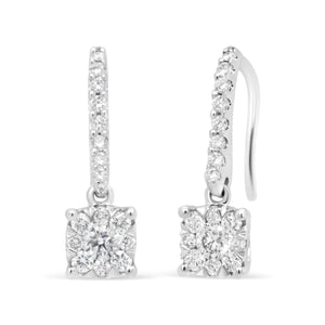 14K White 1/2 Cttw Round Diamond Halo Dangle Hook Earring - (H - I Color, SI2 - I1 Clarity) - Rieworkes
