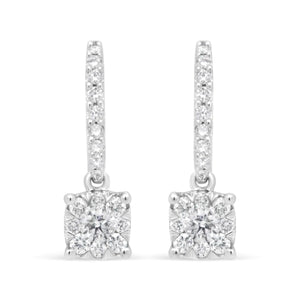 14K White 1/2 Cttw Round Diamond Halo Dangle Hook Earring - (H - I Color, SI2 - I1 Clarity) - Rieworkes